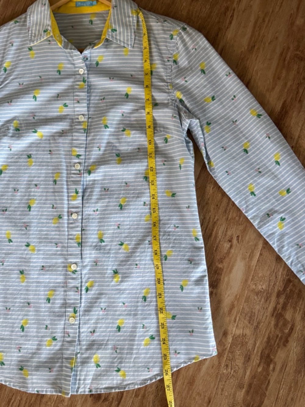 NEW J McLaughlin Lois Button Front Shirt Yellow Lemon Motif Blue White Stripe XS - Picture 10 of 14
